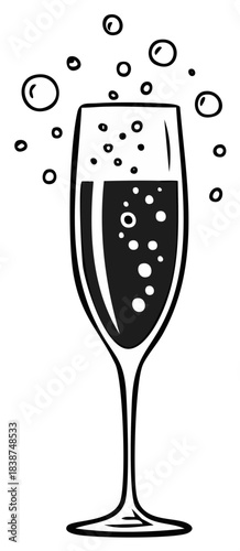 Black and white line art illustration of a sparkling champagne flute perfect for celebrations