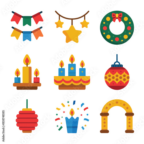 Celebration decor illustration pack including candles lanterns garlands wreaths, joyful holiday event graphics, colorful flat vector design