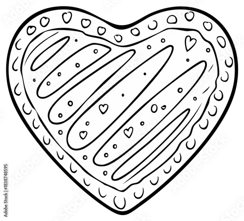 Hand drawn heart shaped cookie with glaze and sprinkles line art for coloring page