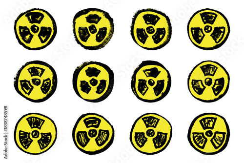 Set of hand drawn radiation sign Nuclear radiation hazard symbol Radioactive danger warning doodle Radioactive waste Single element for print, web, design, decor