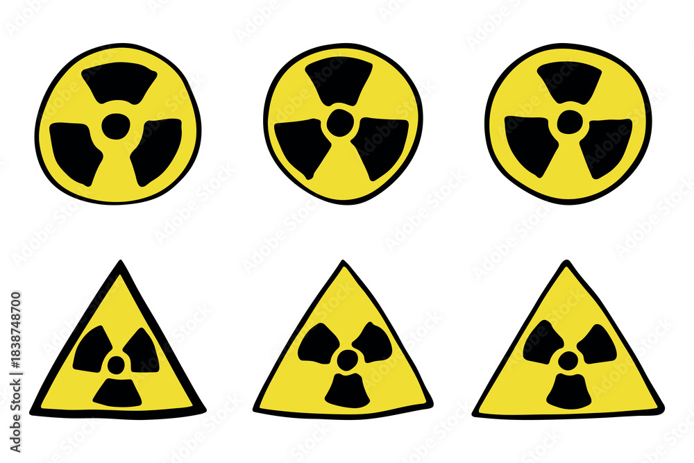 Fototapeta premium Set of hand drawn radiation sign Nuclear radiation hazard symbol Radioactive danger warning doodle Radioactive waste Single element for print, web, design, decor