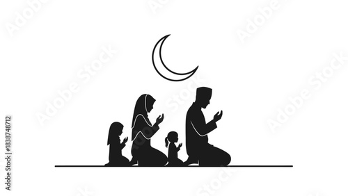 Silhouette of a Muslim family praying together under a crescent moon, depicting Islamic worship and family devotion.