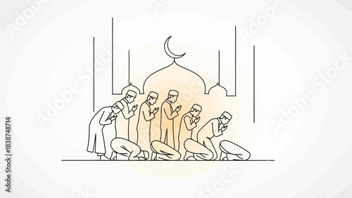 Line art illustration of Muslim men performing prayer inside a mosque with a crescent moon.