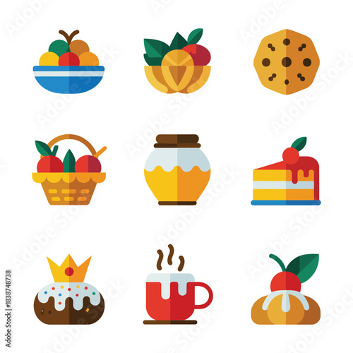 Sweet treats illustration collection featuring desserts fruits pastries beverages, joyful festival celebration event graphics, colorful flat vector design