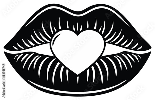 Stylized Black Lips Holding a White Heart Graphic Illustration Design