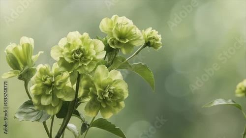 Close-up of lime green, layered flowers in soft focus against blurred green background
