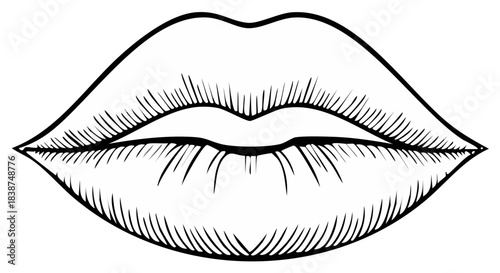 Graphic illustration of lips drawn in a vintage engraving style.