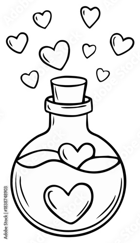 Heart shaped potion bottle with floating hearts, love elixir cartoon illustration