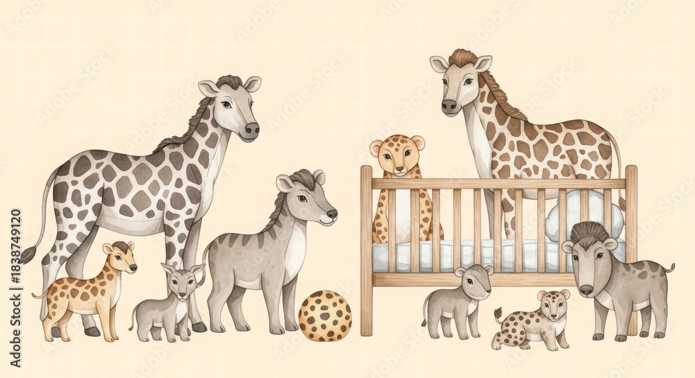 Naklejka premium Cute Safari Animals Nursery: A charming illustration depicts a variety of adorable safari animal babies, exuding a sense of playful innocence and joy.