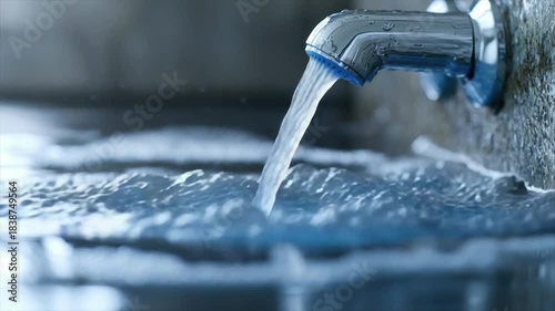 Water streams from a chrome faucet into a body of water, capturing the motion and reflection