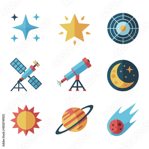 Universe exploration vector pack, astronaut rocket satellite planet elements, playful flat illustration collection design assets set