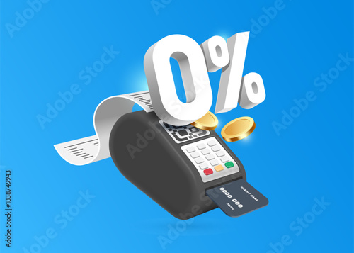 A white 3D 0% number appears on the POS machine or credit card reader screen after successful payment and a receipt paper flows out, vector for fee and interest zero percent advertising design
