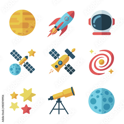 Space astronomy icon set, rocket planet satellite telescope star symbols, colorful flat vector illustration collection