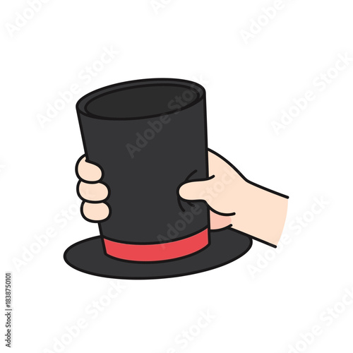 Hand holding a black top hat with red ribbon.