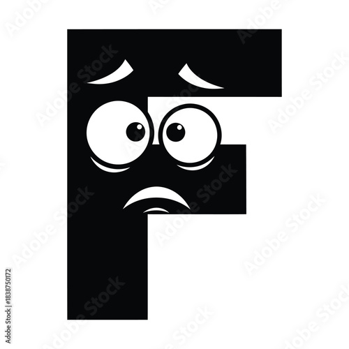 A black capital letter F character displaying a sad worried cartoon face expression in a graphic style