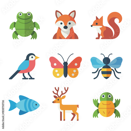 Wildlife animals and forest creatures illustration set, birds insects mammals amphibians nature education vector graphics
