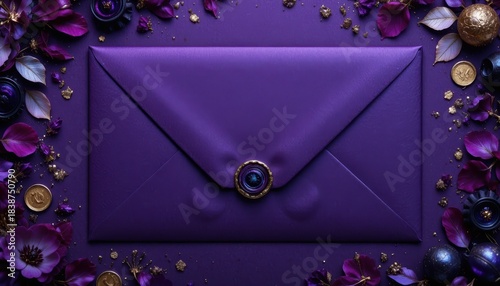 Regal Purple Invitation Envelope with Ornate Gold Wax Seal Surrounded by Lush Floral Elements and Sparkling Golden Details