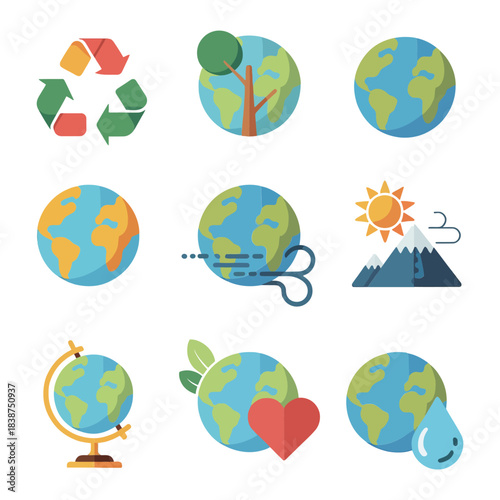 Eco friendly earth symbols collection, sustainability recycling clean energy water conservation nature protection vector design
