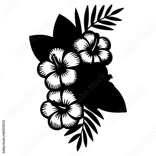 Tropical Hibiscus and Monstera Leaf Silhouette Emblem