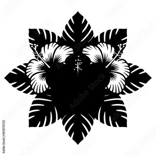 Tropical Hibiscus and Monstera Leaf Silhouette Emblem