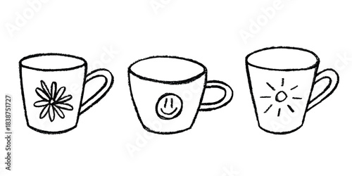 Set of cute hand drawn cup of tea or coffee Simple mug clipart Cozy home doodle Single element for design