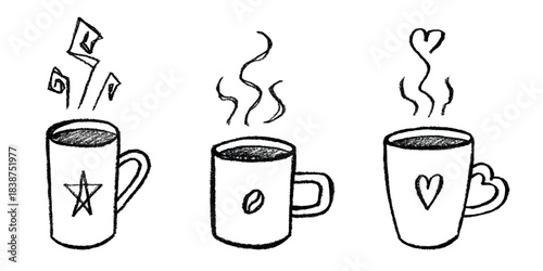 Set of cup of tea or coffee with rising steam Simple mug clipart Cozy home doodle Single element for print, web, design, decor