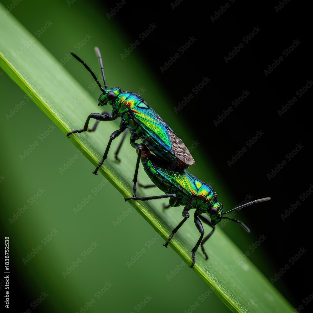 Naklejka premium Close up macro view of two colorful insects coupling on a green leaf, illustrating the universal biological imperative of reproduction and mating cycles ,coupling ,evolution ,fertilization