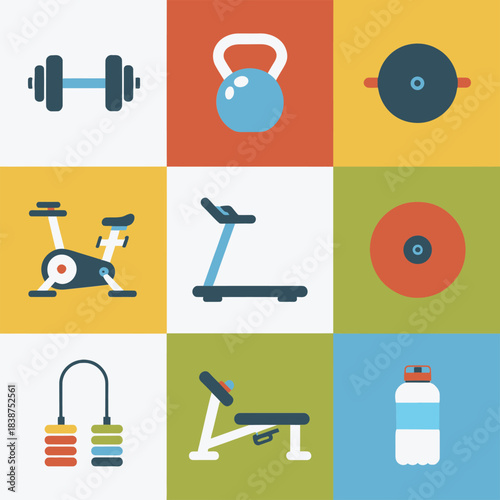 Home workout and gym training symbols collection, dumbbells kettlebell treadmill exercise bike fitness accessories flat vector design