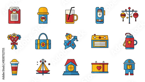 Colorful Flat Design Vector Icons Collection Representing Daily Life and Various Concepts