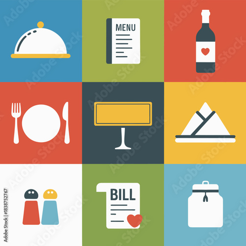 Restaurant billing and table service symbols collection, menu bill tip plate cutlery flat vector illustration set