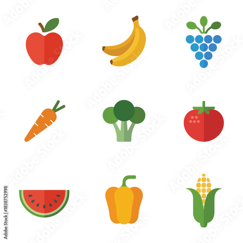 Fresh fruits and vegetables icons set, apple banana grape carrot broccoli watermelon pepper corn flat vector healthy food illustration