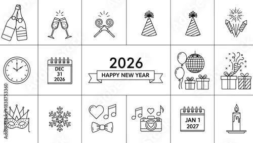 New Year's Eve 2026 celebration line icons, vector set with champagne, party hats, fireworks, clock, calendar, and festive decorations, minimal.
