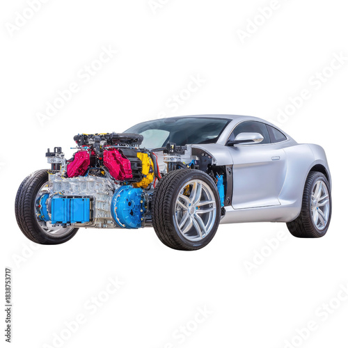 Detailed Cutaway View of Modern Sports Car with Exposed Engine and Suspension Components