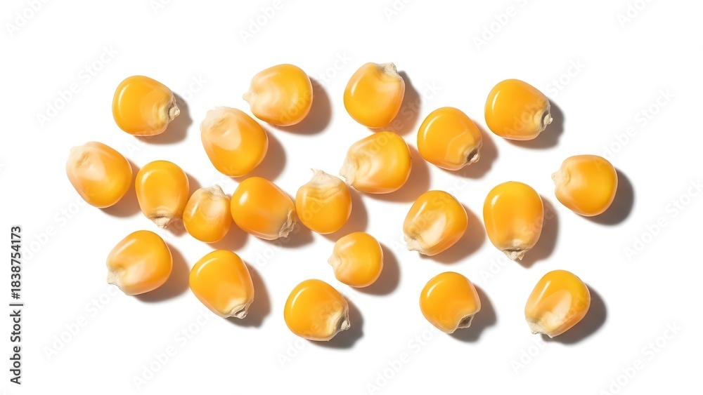 Fototapeta premium Scattered popcorn kernels raw corn seeds isolated on white background ingredient for healthy snack