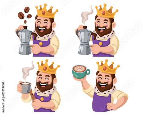 Cheerful bearded king character mascot demonstrating the detailed four-step process of espresso and coffee preparation, brewing using a traditional moka pot, vector illustration for quality beverage a