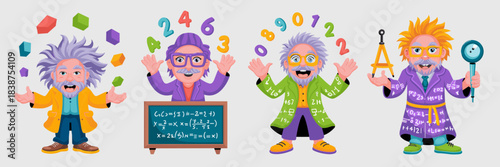 Four cheerful, eccentric genius cartoon professors juggling abstract math symbols, geometric cubes, and scientific tools, demonstrating complex algebraic formulas; vibrant vector illustration ideal fo