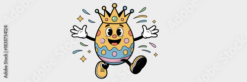 Cheerful retro cartoon Easter egg mascot wearing a golden royal crown, happily running or jumping in a festive pose surrounded by colorful confetti and sparkling stars, perfect design illustration for