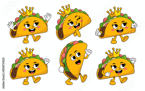 Adorable six-piece seamless pattern collection featuring cheerful anthropomorphic fast-food taco king and queen mascots, vector illustration set depicting various happy emotions, perfect graphic clip