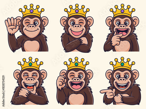 Cartoon royal monkey king character illustration set, featuring six expressive ape mascot gestures like waving, pointing, laughing, winking, and thumbs up, useful vector graphics for app stickers, dig