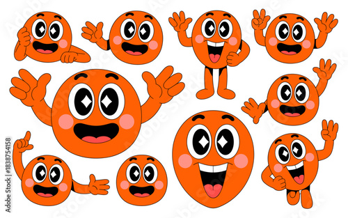 Groovy orange cartoon character sticker pack vector illustration showing a large collection of happy enthusiastic mascots waving, smiling, and giving thumbs up, perfect for retro 70s pop art style dig