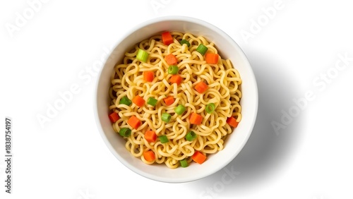 Instant ramen noodles with peas and carrots in a white bowl top view isolated on white background
