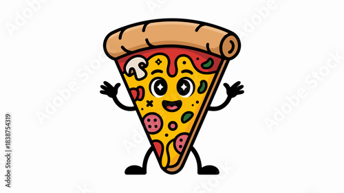 Anthropomorphic character slice of pizza vector illustration mascot with a cute smiling face and happy expression, arms raised welcoming viewers, promoting fast food and Italian cuisine, isolated grap