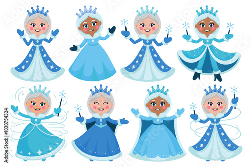 Diverse collection of joyful Snow Queen and Ice Princess characters smiling, celebrating winter and the festive holiday season, wearing elegant blue frosted gowns, holding magical snowflake wands, per