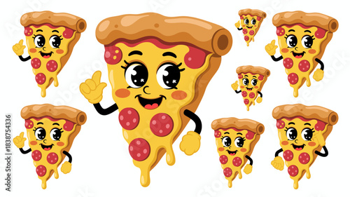 Cheerful pepperoni pizza slice character mascot pointing upwards, surrounded by a playful group of cute, smiling fast food characters; a groovy retro vector graphic illustration for joyful restaurant
