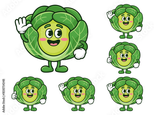 A cheerful, friendly, cute smiling green cabbage vegetable cartoon mascot character set illustration waving hello and giving a positive thumbs up sign for healthy food branding, organic diet presentat