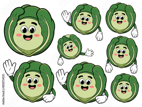 Cheerful brussels sprout or miniature cabbage vegetable cartoon character mascot collection happily smiling, presenting, and waving in a vector illustration for healthy eating, fresh produce, and agri