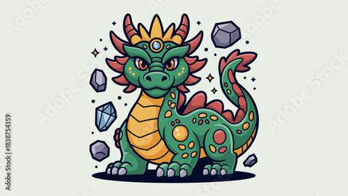 Adorable baby dragon mascot character vector illustration featuring a little mythical creature wearing a majestic gold crown, surrounded by sparkling floating gems and fantasy crystals, perfect graphi
