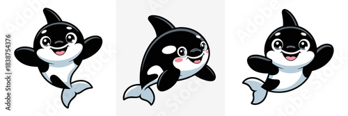 Adorable cartoon killer whale character mascot illustration, three cute chibi orca marine animals smiling happily and playing, isolated vector graphic for children's education, fun branding, cheerful