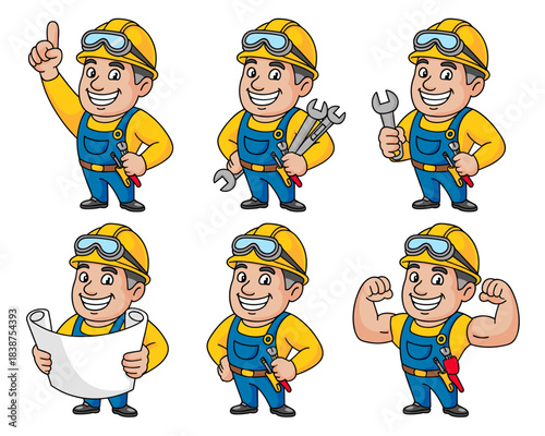 Professional cartoon worker character set, a confident tradesman mascot smiling, holding tools like a wrench and blueprint, flexing muscles, providing instruction, ideal for mechanical engineering, co