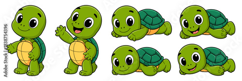 Adorable cheerful cartoon baby turtle or slow tortoise vector character collection showcasing different charming poses like walking, waving, and crawling, isolated illustration set ideal for children'